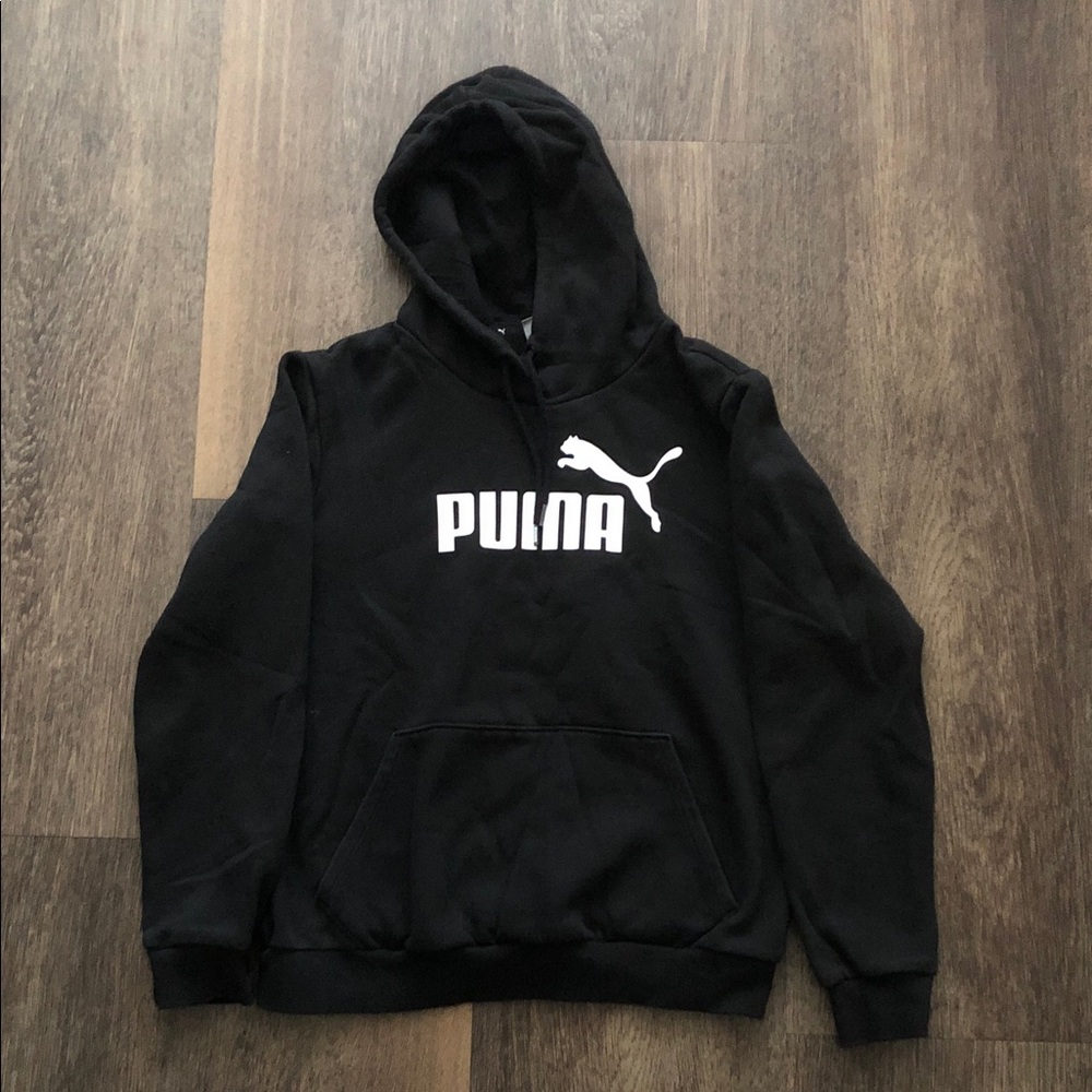 Puma Black Hoodie with White Puma Wordmark and Cat Logo